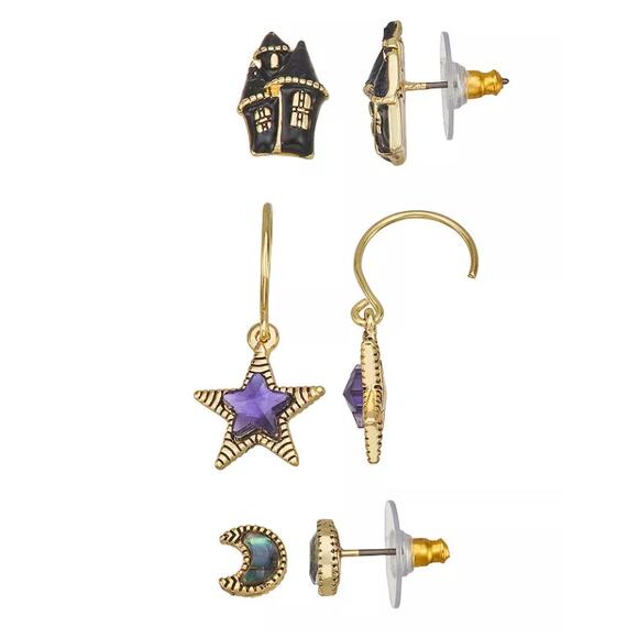 NEW Napier Gold & Crystal Trick or Treat Earring Set, Haunted House, Star, Moon - Picture 2 of 5